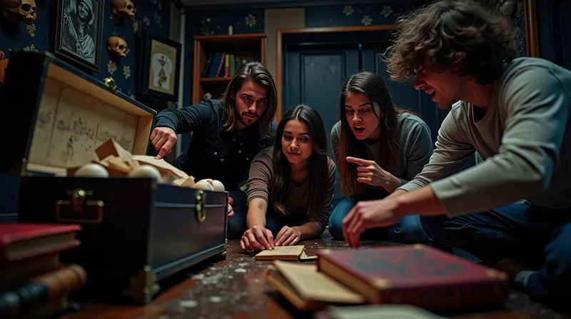 Vier Personen lösen gemeinsam Rätsel in einem Escape Room
