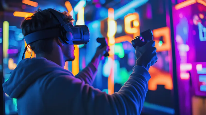 Person mit VR-Brille und Controllern in einer farbenfroh beleuchteten VR-Umgebung