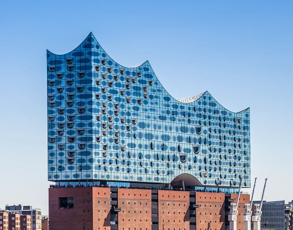 Elbphilharmonie with its curved glass façade in Hamburg’s HafenCity